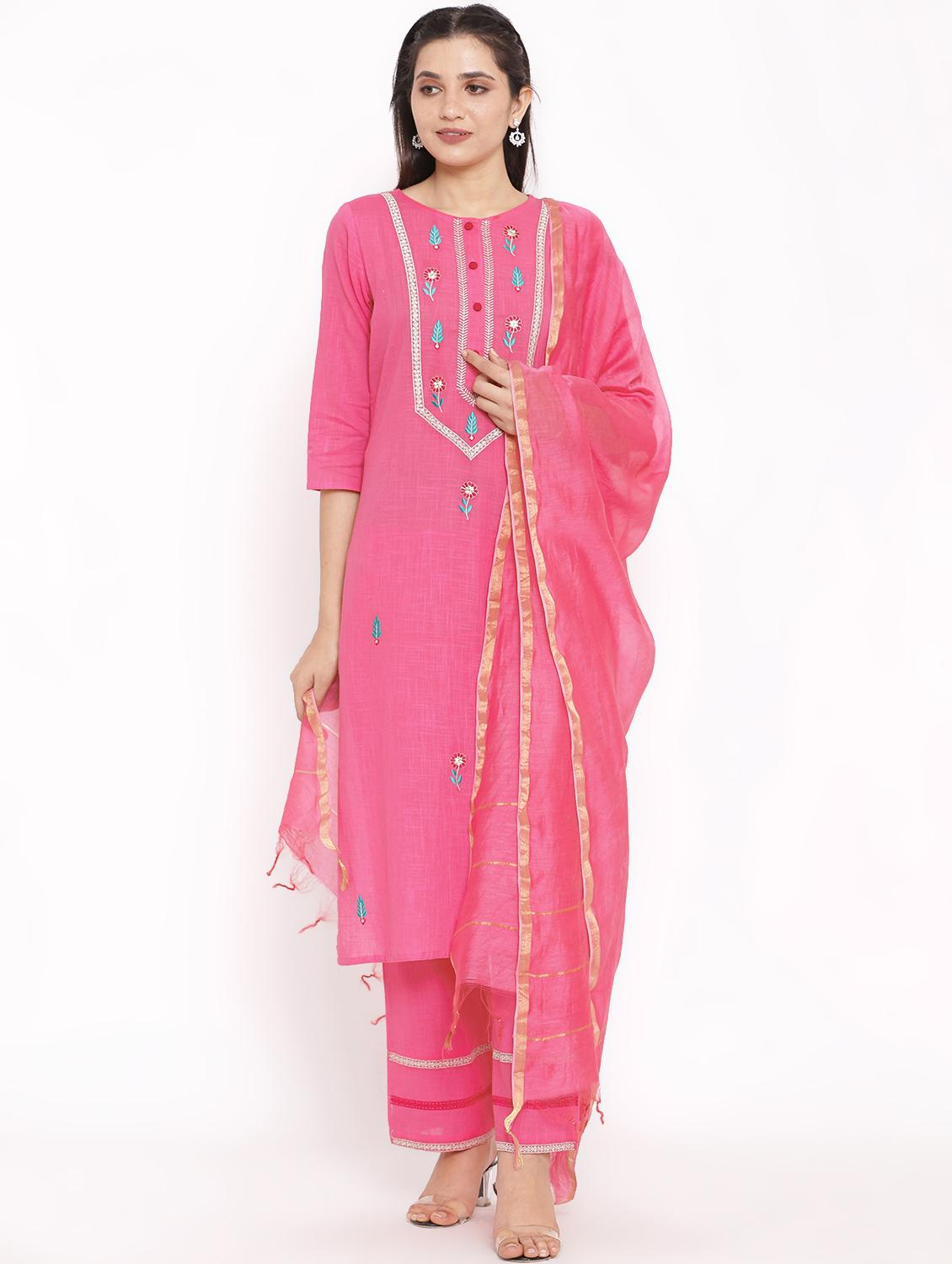 women pink kurta pant set with dupatta