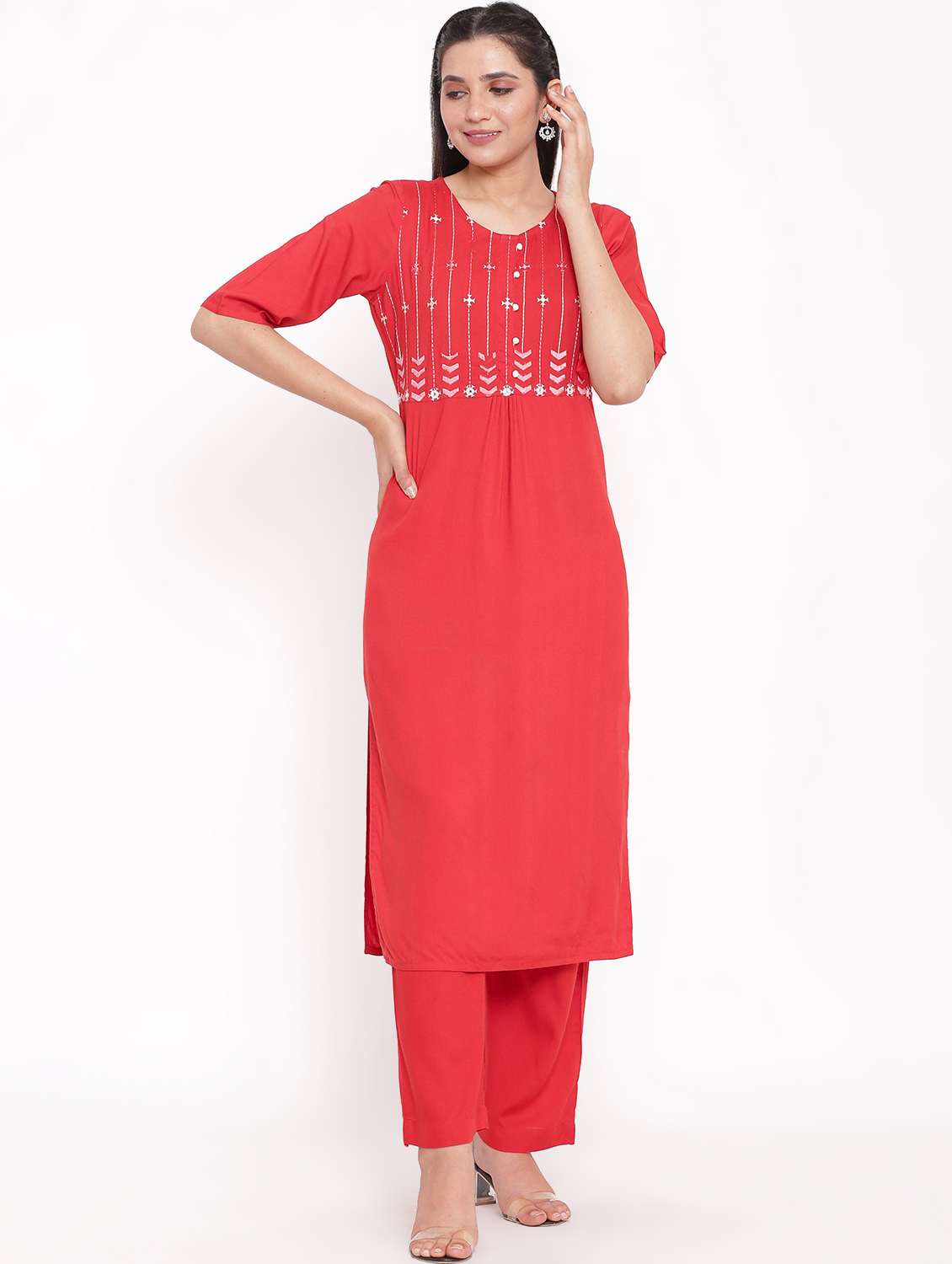red rayon kurta palazzo  set