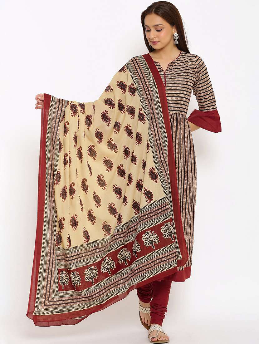 beige cotton blend kurta churidaar  set