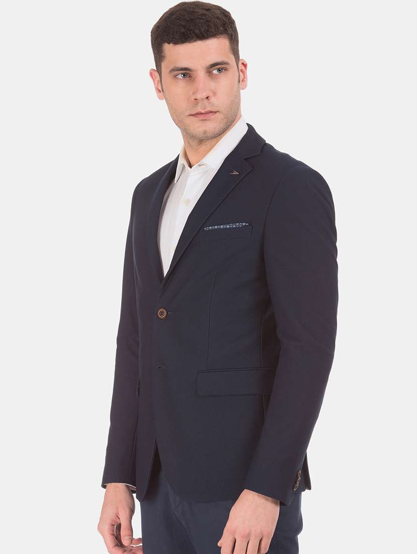 navy blue self design single breasted formal blazer - 17729717 - Standard Image - 1