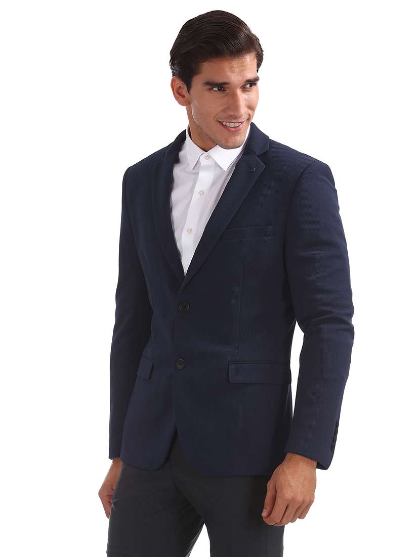 navy blue self design single breasted formal blazer - 17729730 - Standard Image - 1