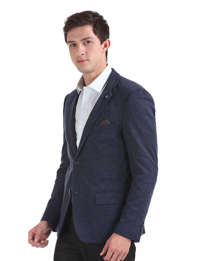 navy blue self design single breasted formal blazer - 17729759 - Standard Image - 1