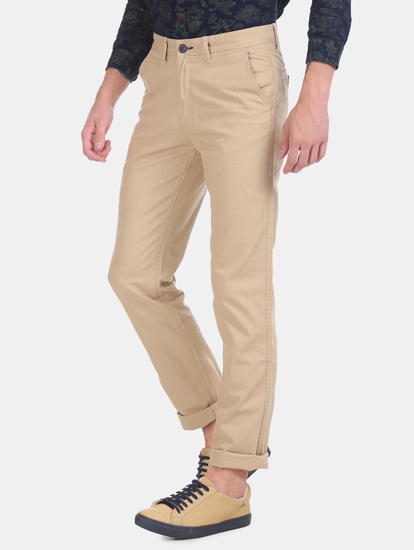 beige solid flat front casual trouser - 17730300 - Standard Image - 1