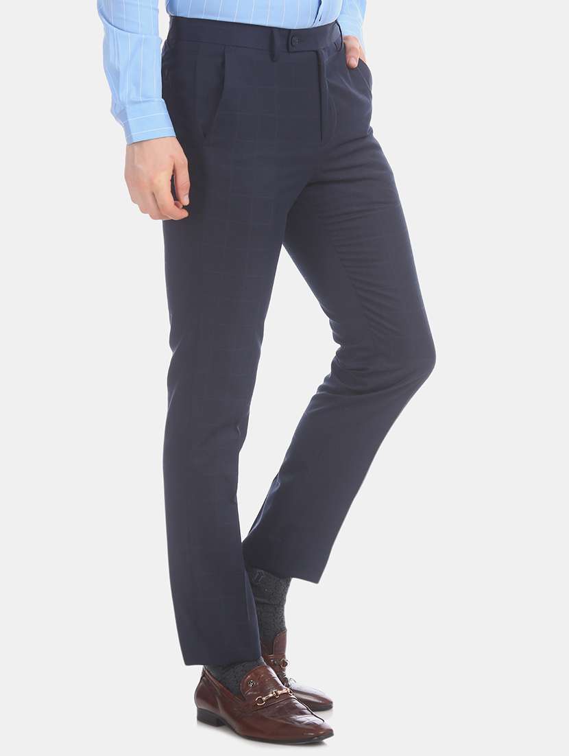 navy blue checkered flat front formal trouser - 17731206 -  Standard Image - 1