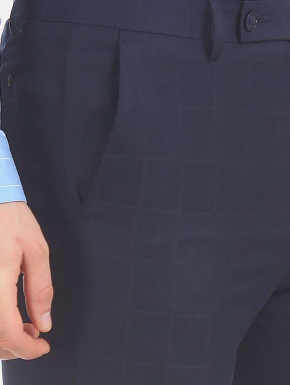 navy blue checkered flat front formal trouser - 17731206 -  Standard Image - 4