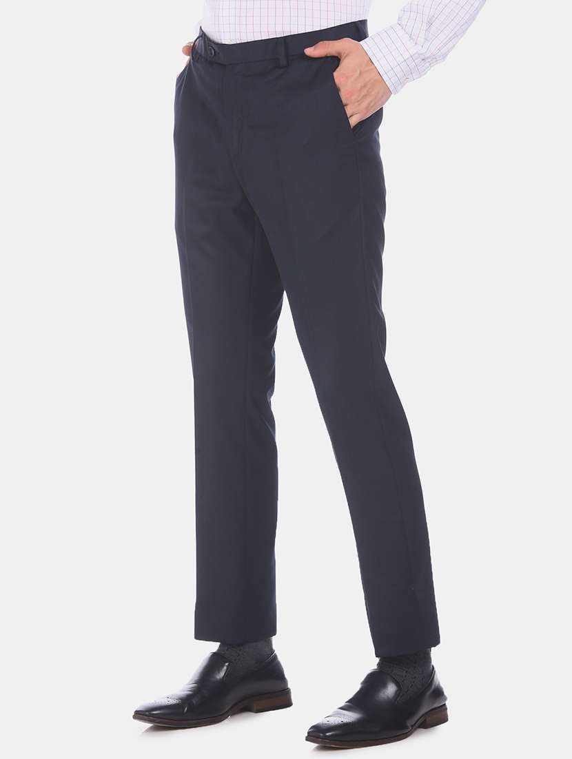 navy blue solid flat front formal trouser - 17731214 -  Standard Image - 1