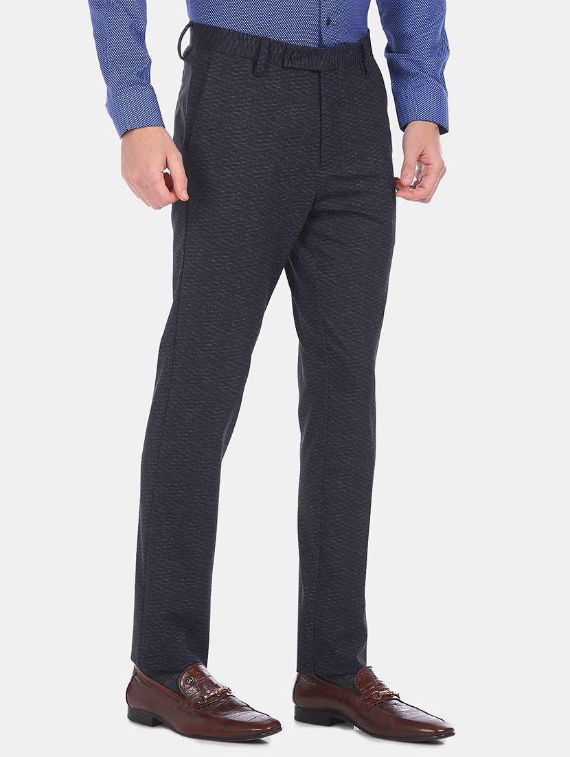 navy blue textured flat front formal trouser - 17731220 - Standard Image - 1