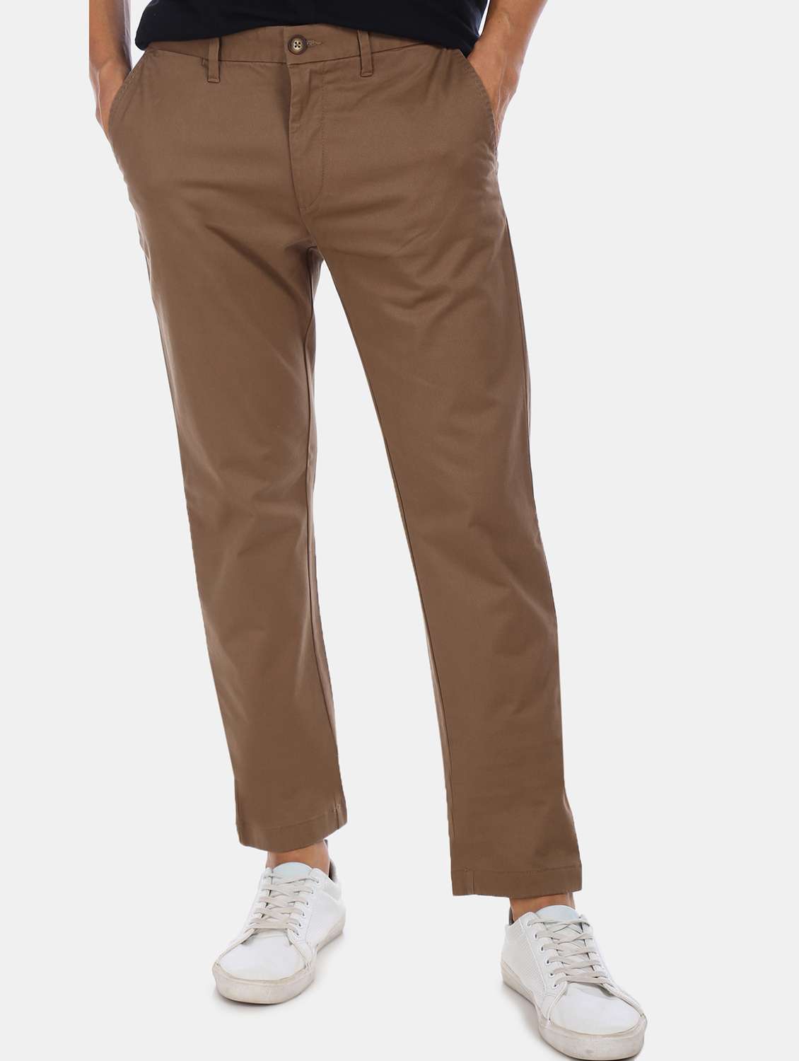 brown solid flat front casual trouser