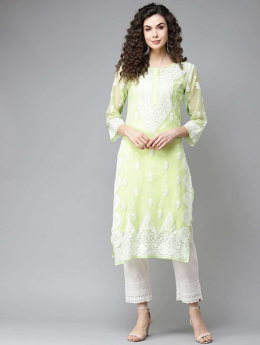 ada hand-embroidered green chikankari straight kurta - 17732552 -  Standard Image - 1
