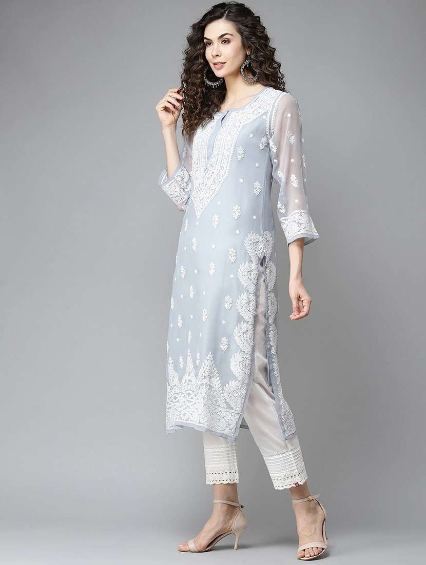 ada hand-embroidered grey chikankari straight kurta - 17732555 -  Standard Image - 1