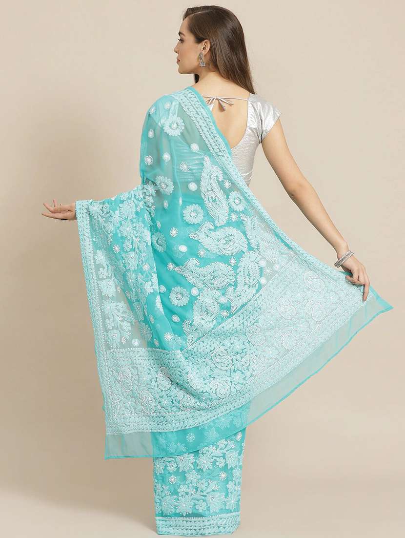 ada hand-embroidered turquoise chikankari saree with blouse - 17733148 -  Standard Image - 1