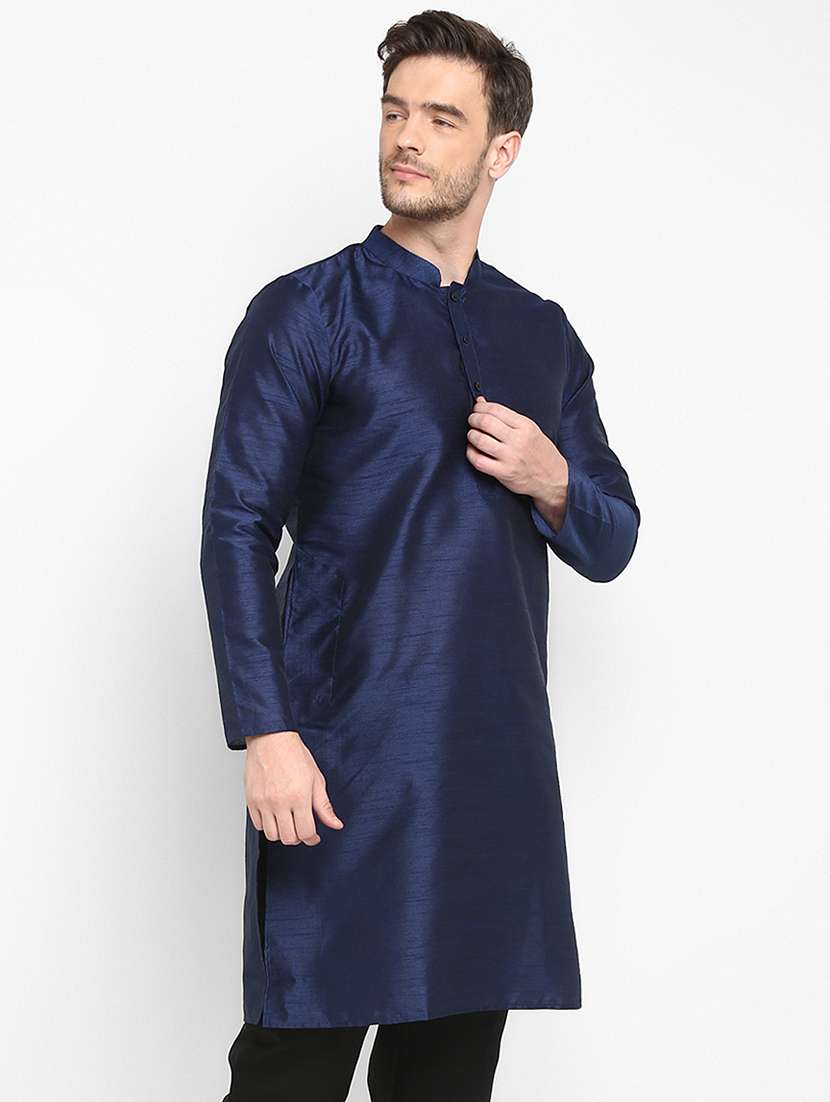 navy blue solid dupion long kurta - 17733691 -  Standard Image - 1
