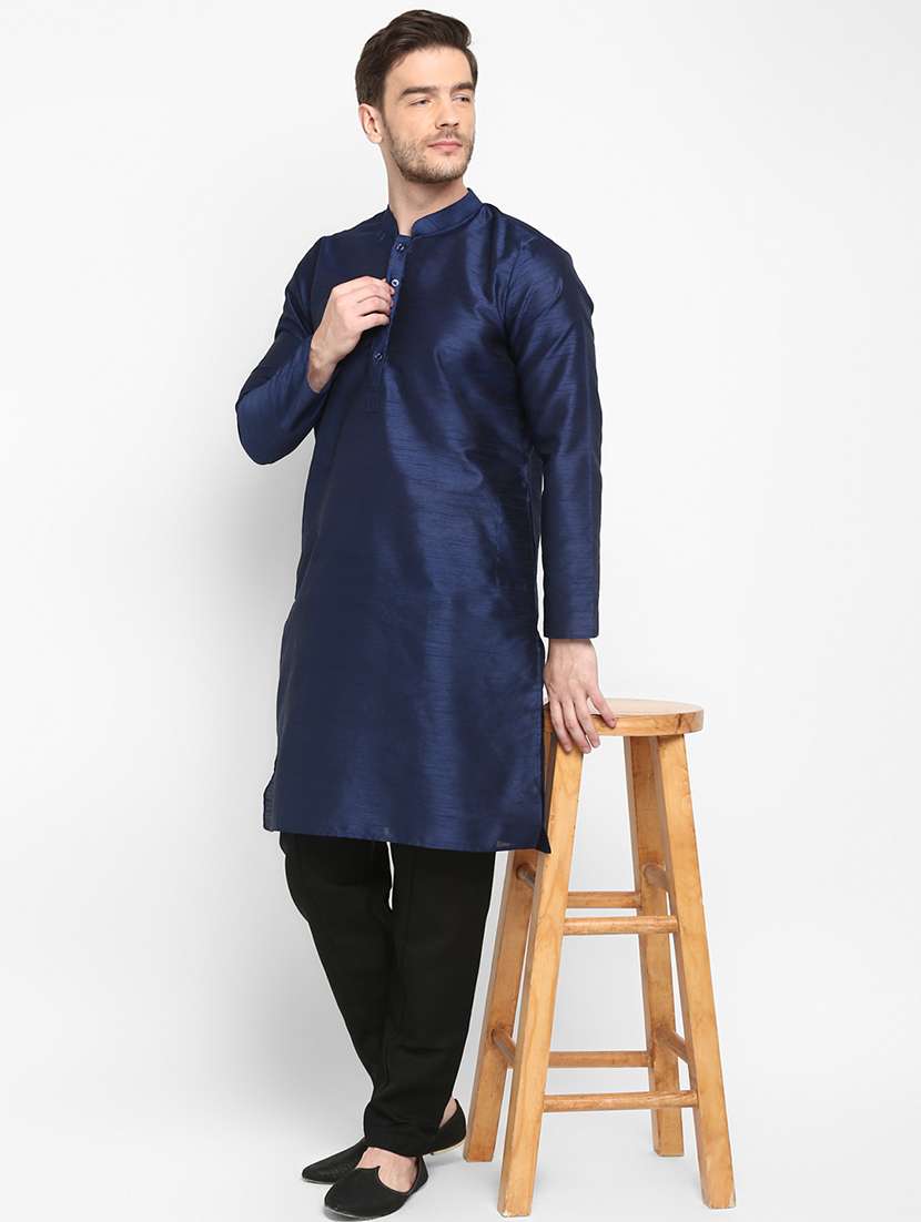 navy blue solid dupion long kurta - 17733691 -  Standard Image - 4