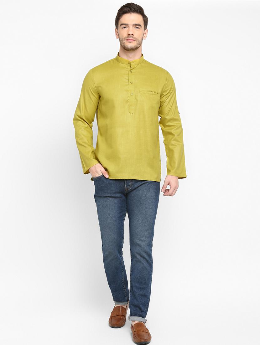 olive green solid short kurta - 17733693 - Standard Image - 4