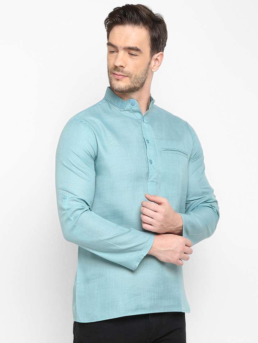 blue solid silk blend short kurta - 17733703 -  Standard Image - 1