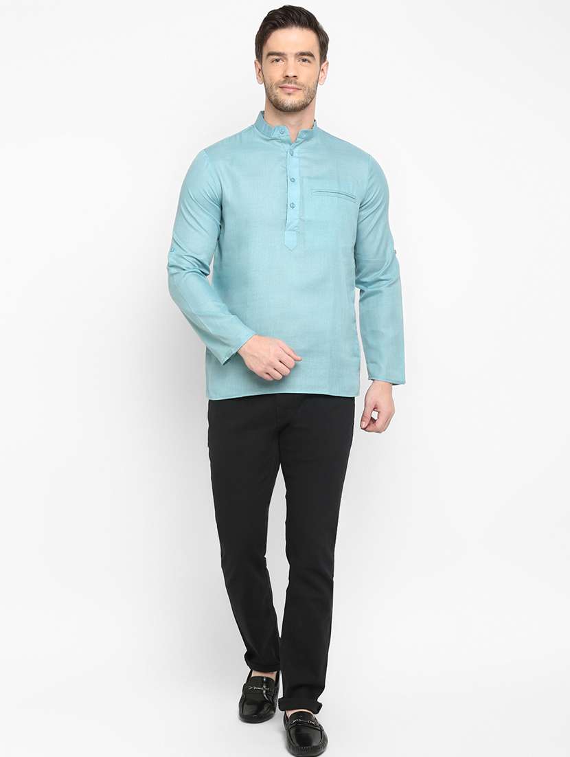 blue solid silk blend short kurta - 17733703 - Standard Image - 4