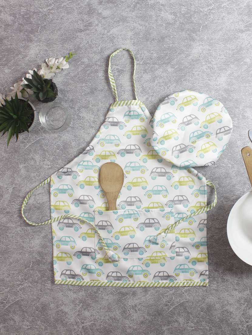parent/kid green cars apron set with caps