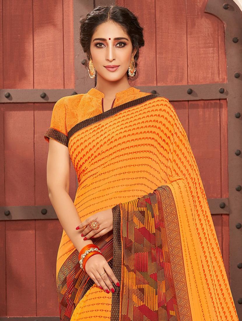 mustard georgette printed saree with blouse - 17734600 -  Standard Image - 1
