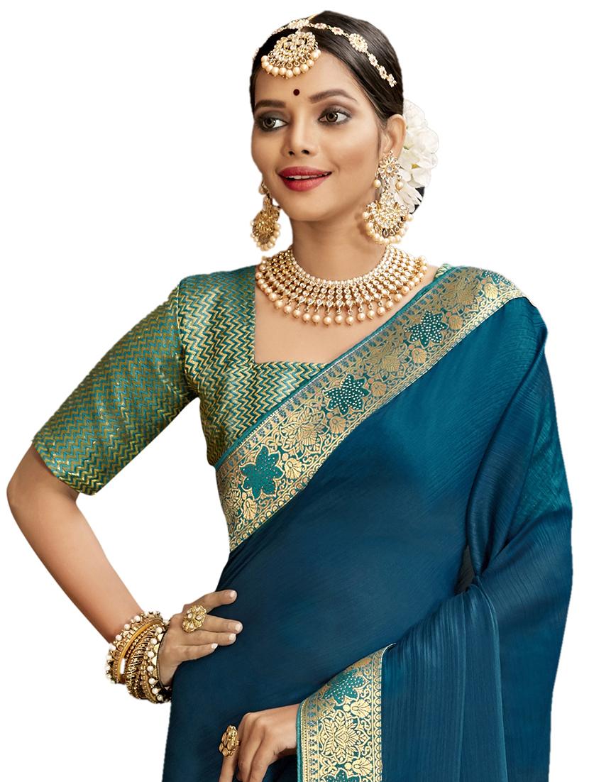 navy chanderi saree with blouse - 17734602 -  Standard Image - 1