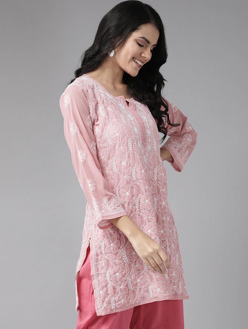 ada hand-embroidered pink chikankari kurti - 17736001 - Standard Image - 1