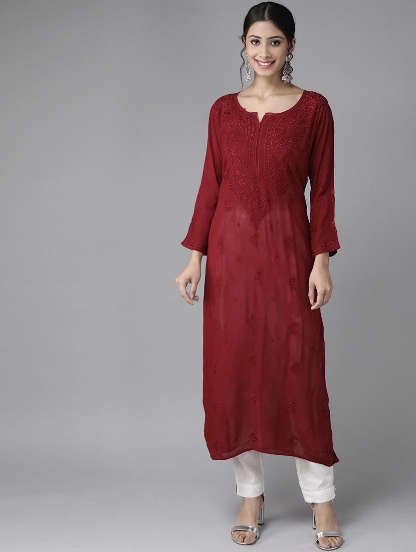ada hand-embroidered maroon chikankari kurta - 17736451 - Standard Image - 1