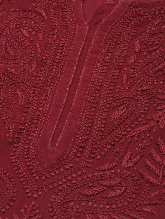 ada hand-embroidered maroon chikankari kurta - 17736451 - Standard Image - 4