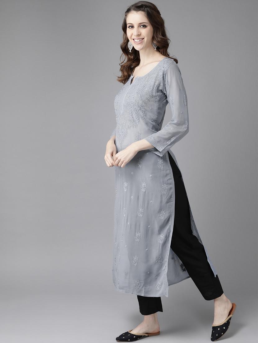 grey viscose straight long chikankari women kurta - 17736452 - Standard Image - 1