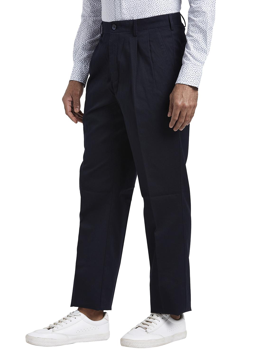 navy blue solid pleated casual trouser - 17737921 -  Standard Image - 1