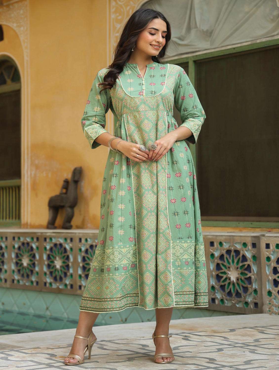 olive flared ethnic dress with mask