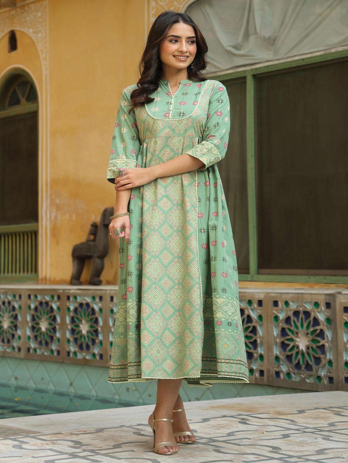 olive flared ethnic dress with mask - 17739079 -  Standard Image - 1