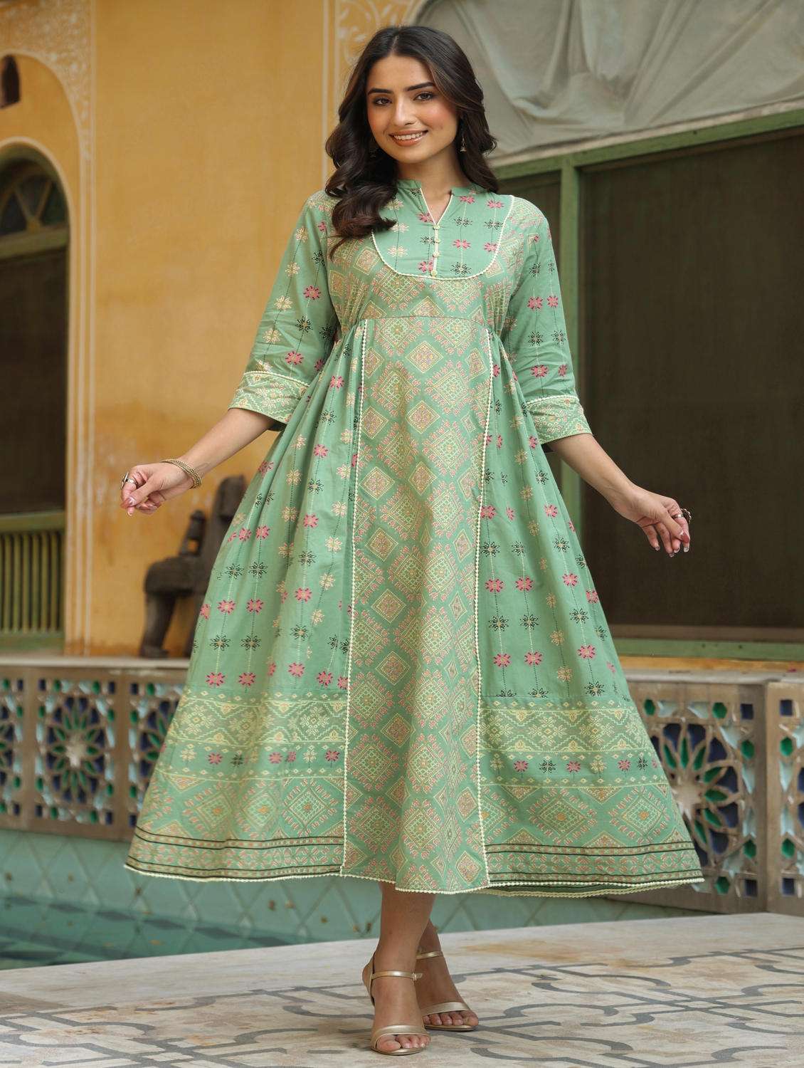 olive flared ethnic dress with mask - 17739079 -  Standard Image - 4