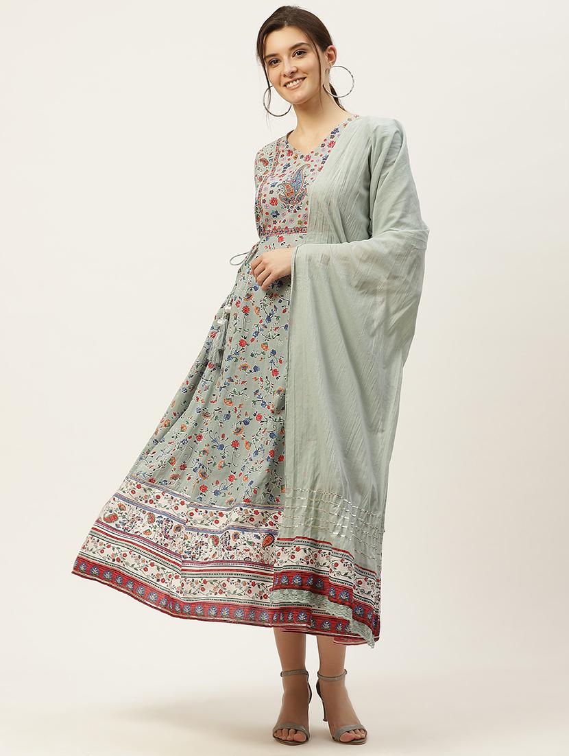 floral flared kurta dupatta set with scrunchie - 17739080 - Zoom Image - 0