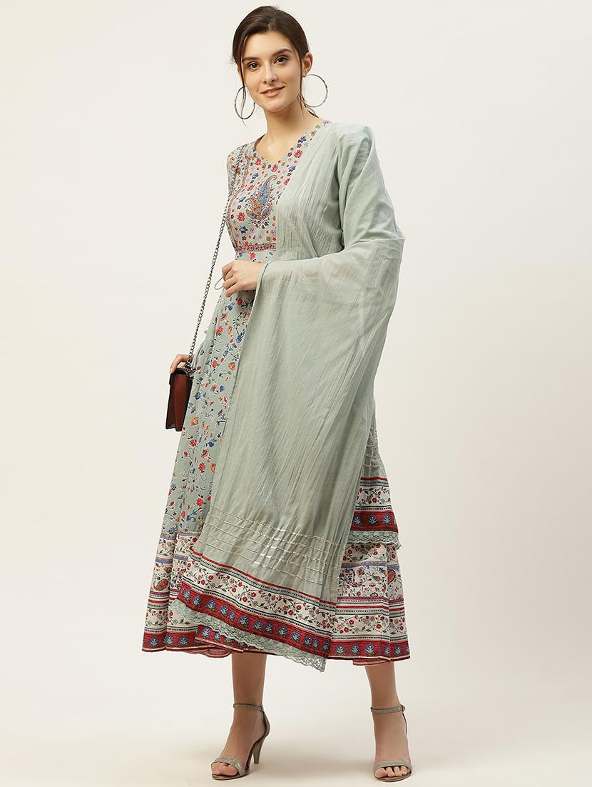 floral flared kurta dupatta set with scrunchie - 17739080 - Standard Image - 1