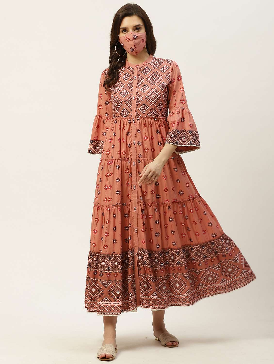 printed tiered ethnic dress with face mask