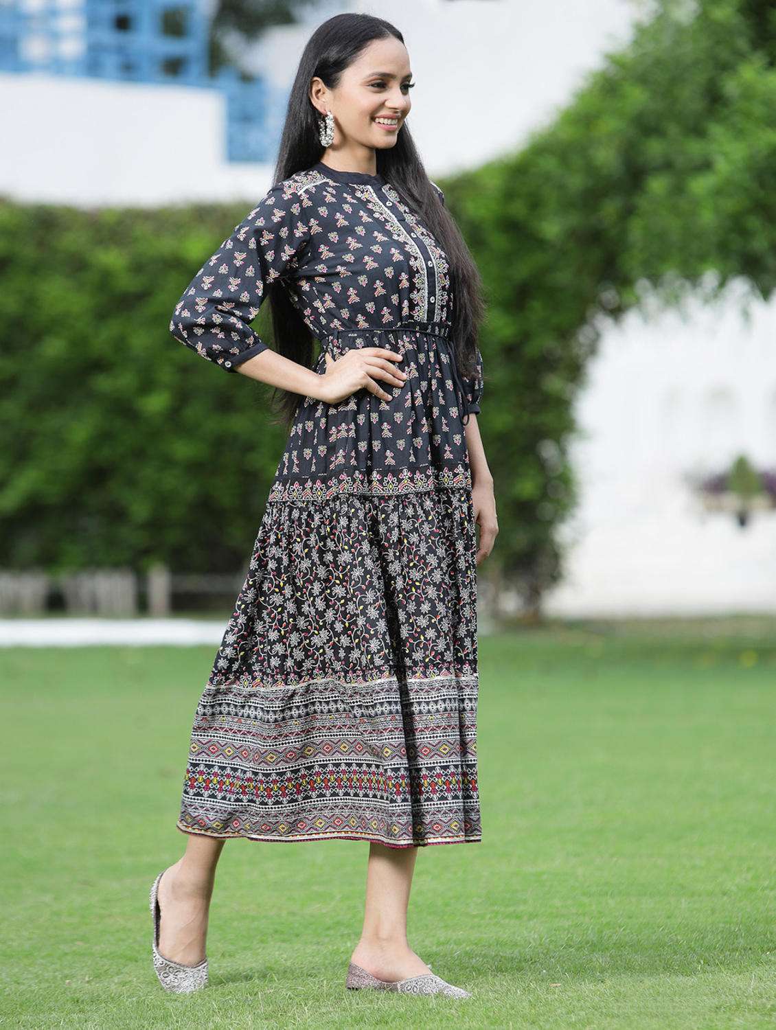 Printed Tiered Ethnic Dress With Mask