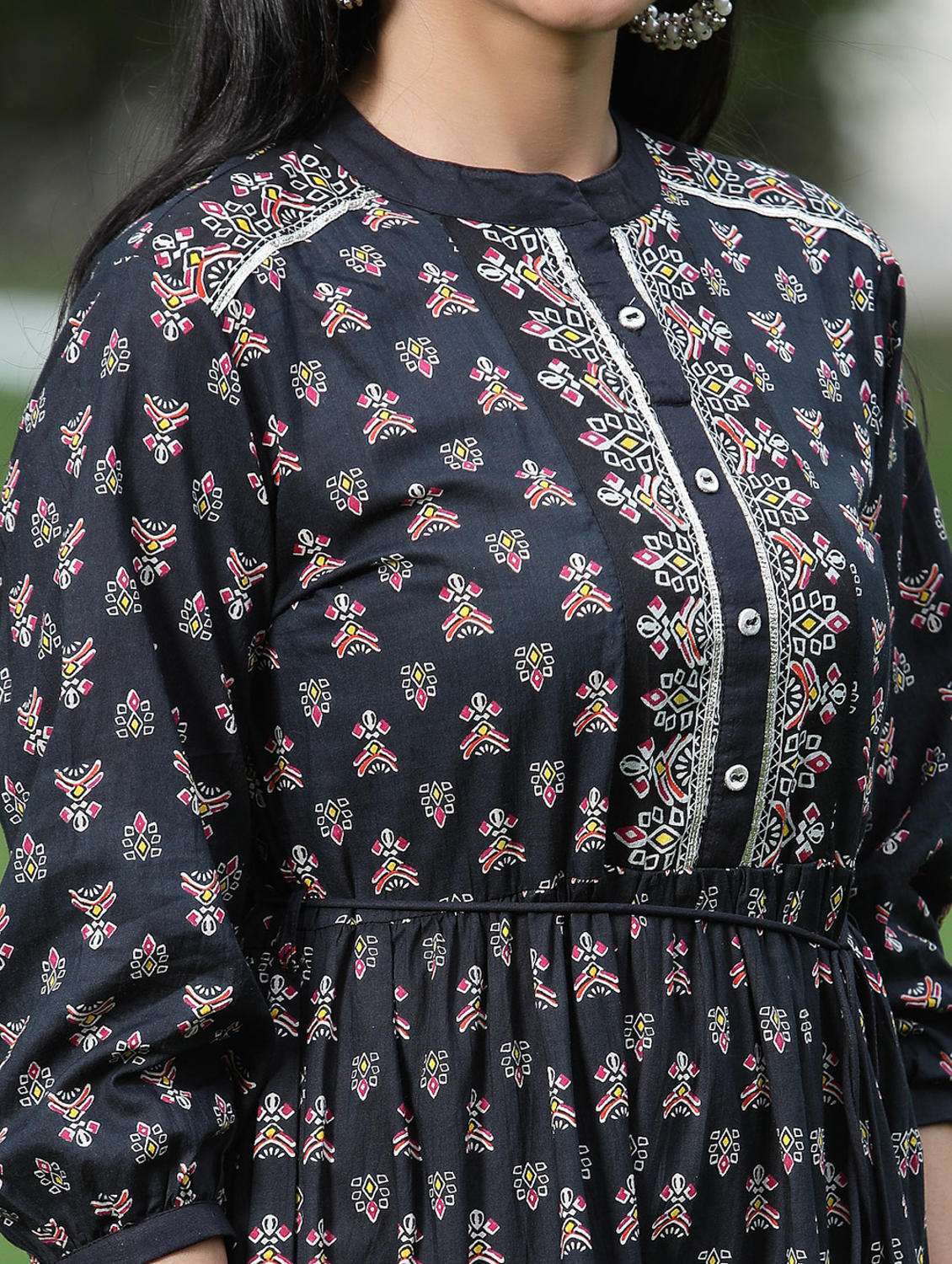 Printed Tiered Ethnic Dress With Mask