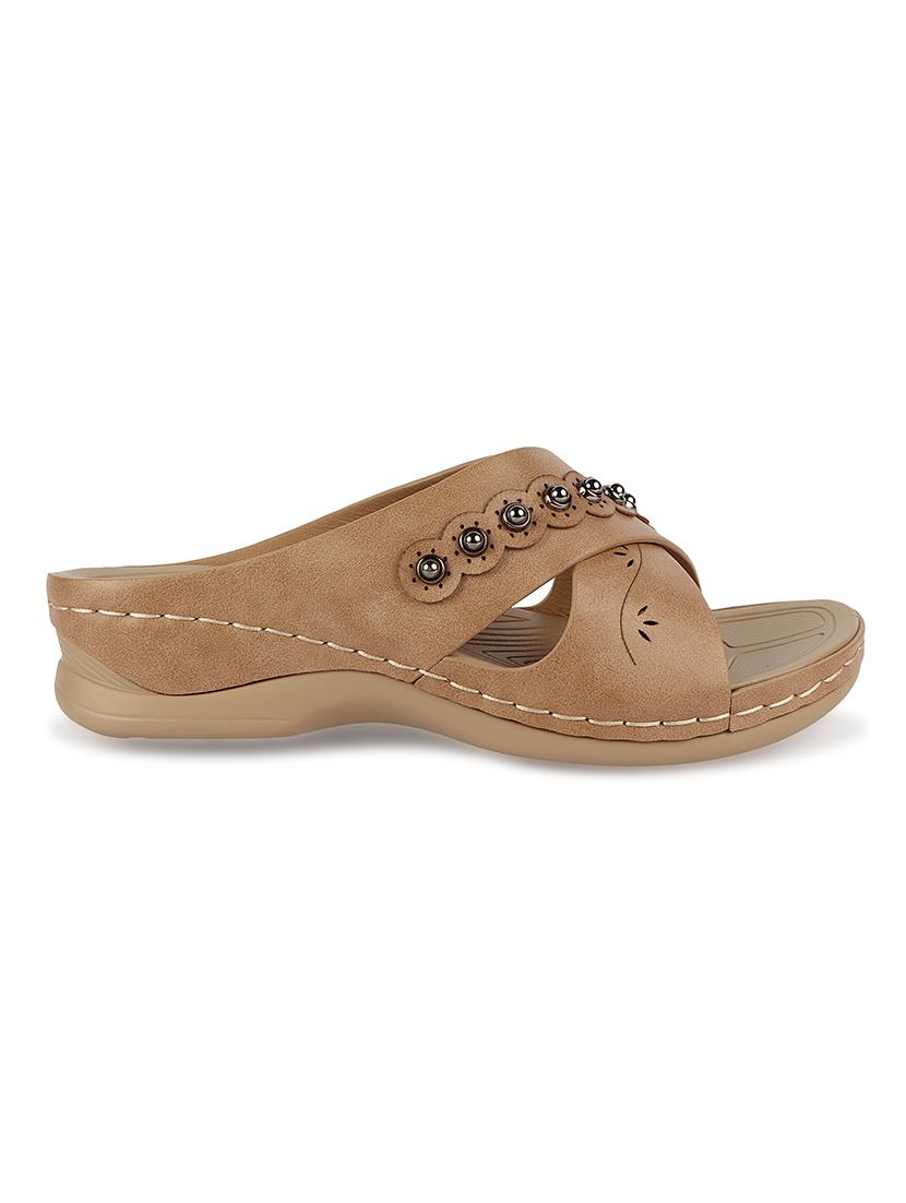 calzado womens's casualwear slip-on apricot color platform heels slippers - 17739152 -  Standard Image - 1