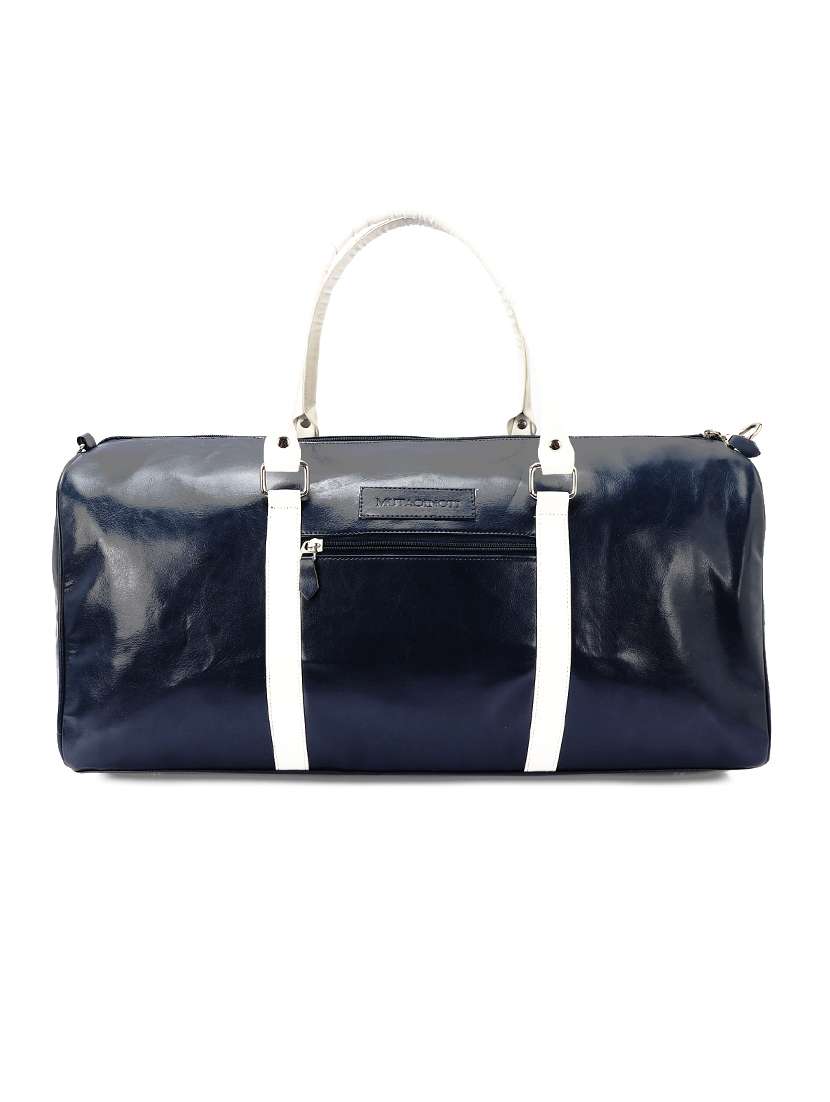 blue leather dufflebag