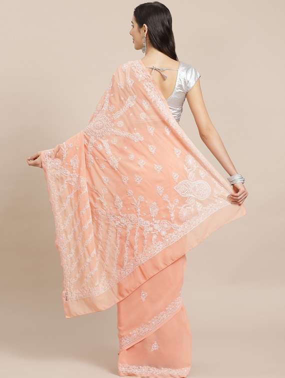 peach georgette chikankari saree with blouse - 17739230 -  Standard Image - 1