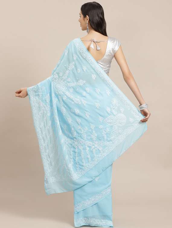blue georgette hand embroidered chikankari saree with blouse - 17739231 -  Standard Image - 1