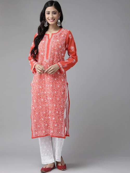 ada hand-embroidered red chikankari kurta palazzo set - 17740091 - Standard Image - 0