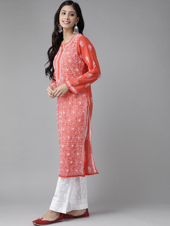ada hand-embroidered red chikankari kurta palazzo set  - 17740091 -  Standard Image - 1