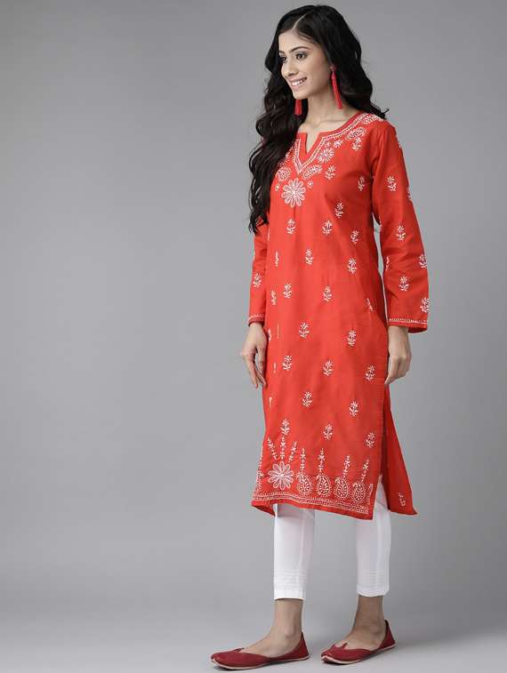 ada hand-embroidered red chikankari kurta pant set  - 17740093 -  Standard Image - 1