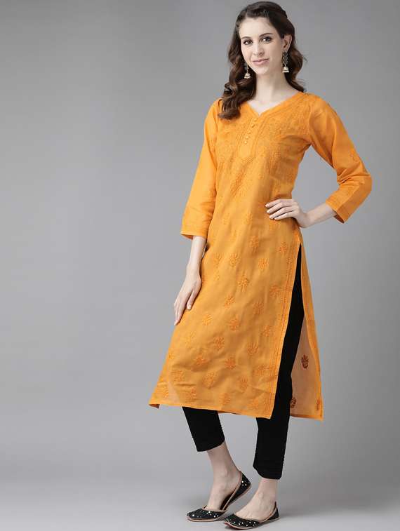 ada hand-embroidered mustard chikankari kurta pant set  - 17740095 -  Standard Image - 1