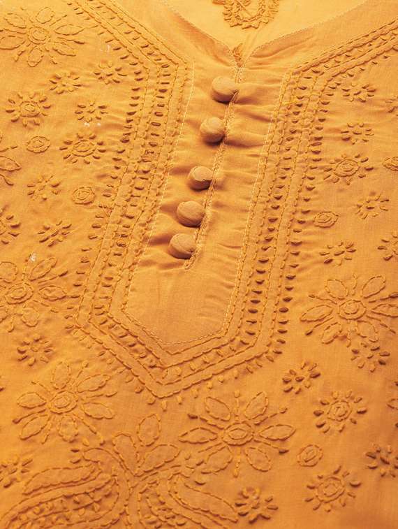 ada hand-embroidered mustard chikankari kurta pant set - 17740095 - Standard Image - 4