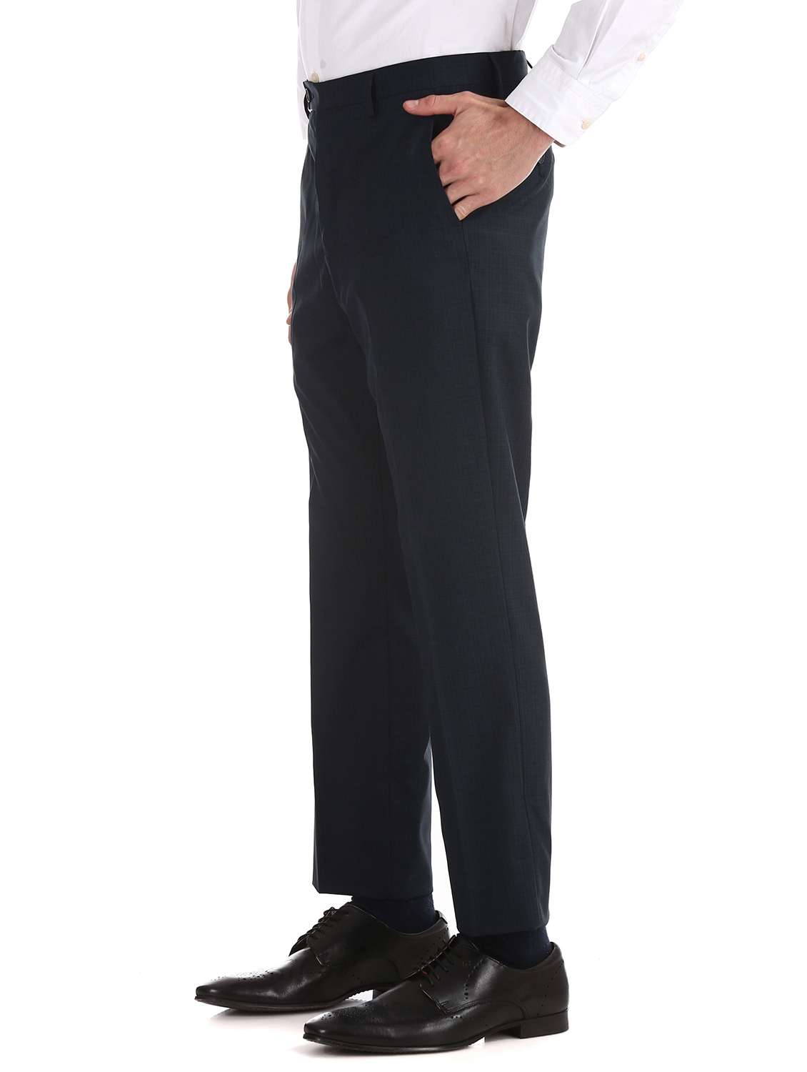 navy blue textured flat front formal trouser - 17741758 -  Standard Image - 1