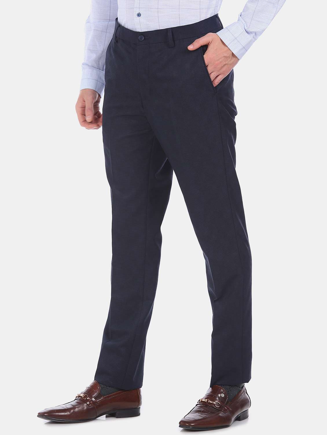 navy blue checkered flat front formal trouser - 17741893 -  Standard Image - 1