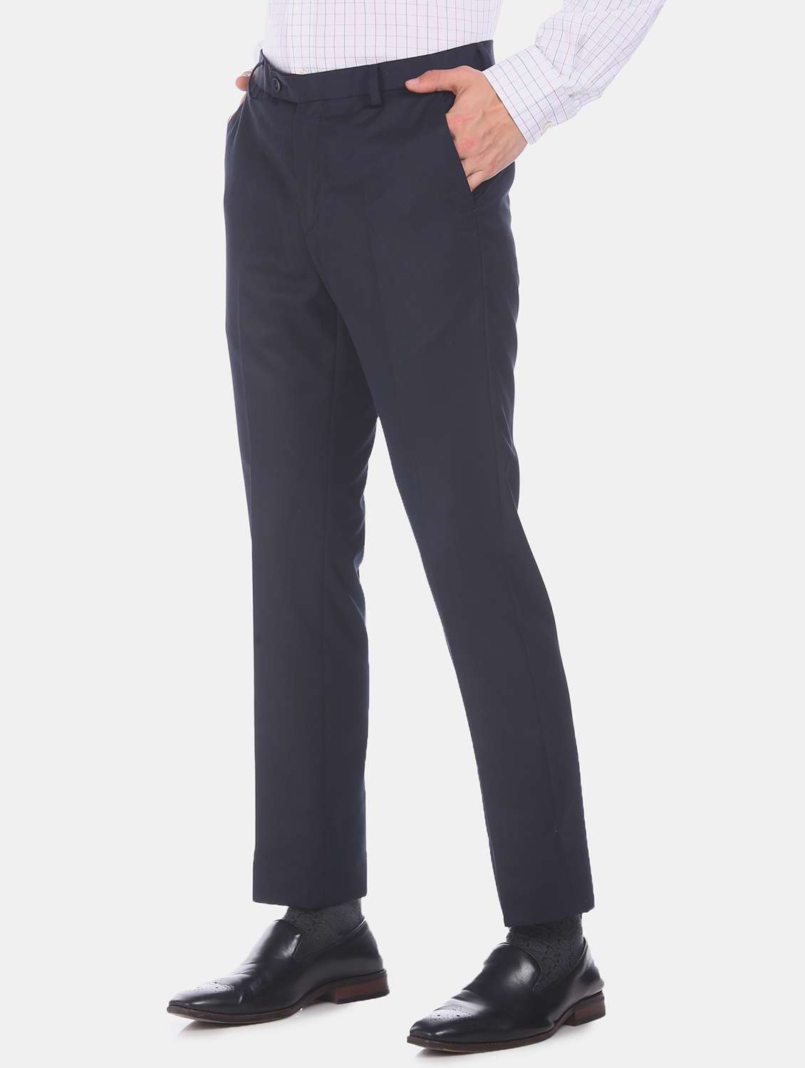 navy blue solid flat front formal trouser - 17741903 -  Standard Image - 1