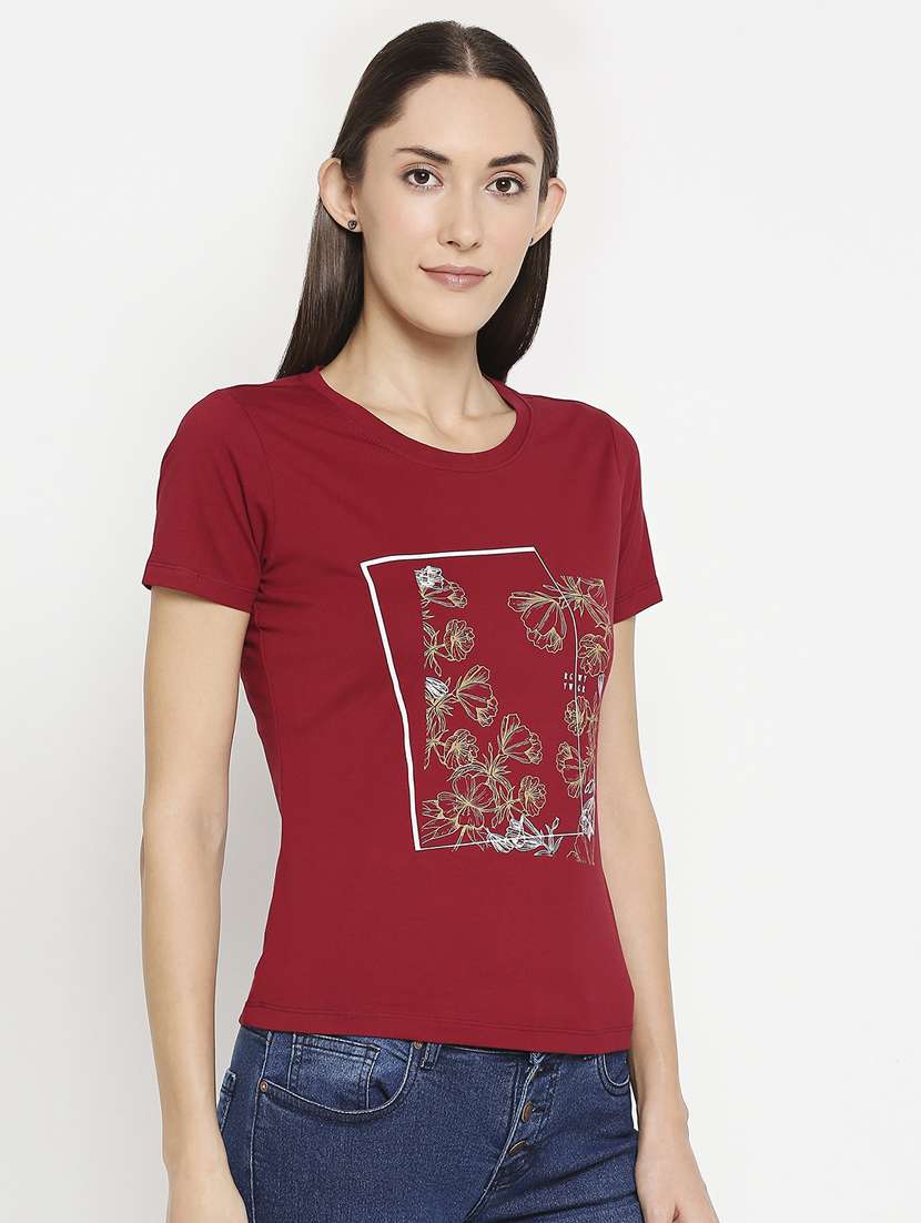 maroon floral chest print t-shirt - 17743198 - Standard Image - 1