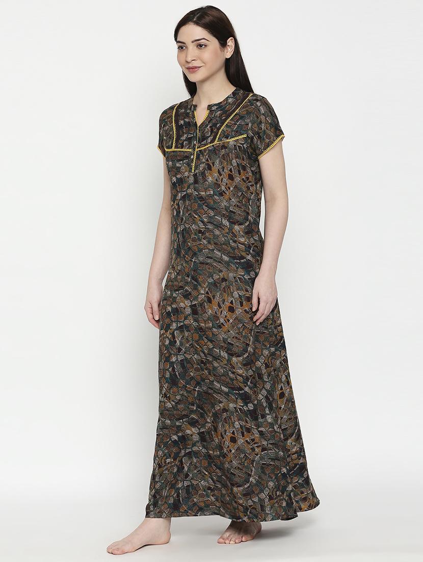 mandarin neck printed nightwear gown - 17744366 - Standard Image - 1